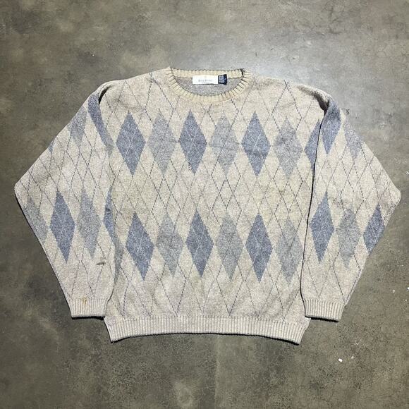 Vintage 90s Bill Blass Brown Argyle Cotton Boxy Sweater - Picture 1 of 5